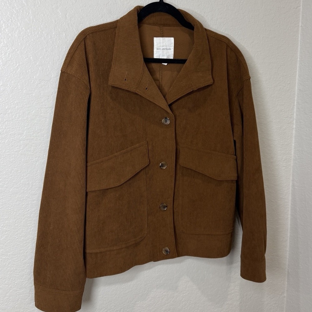 Avec Les Filles Brown Corduroy Boxy Jacket Flap Pockets Boho Minimalist LG EUC - Picture 2 of 9